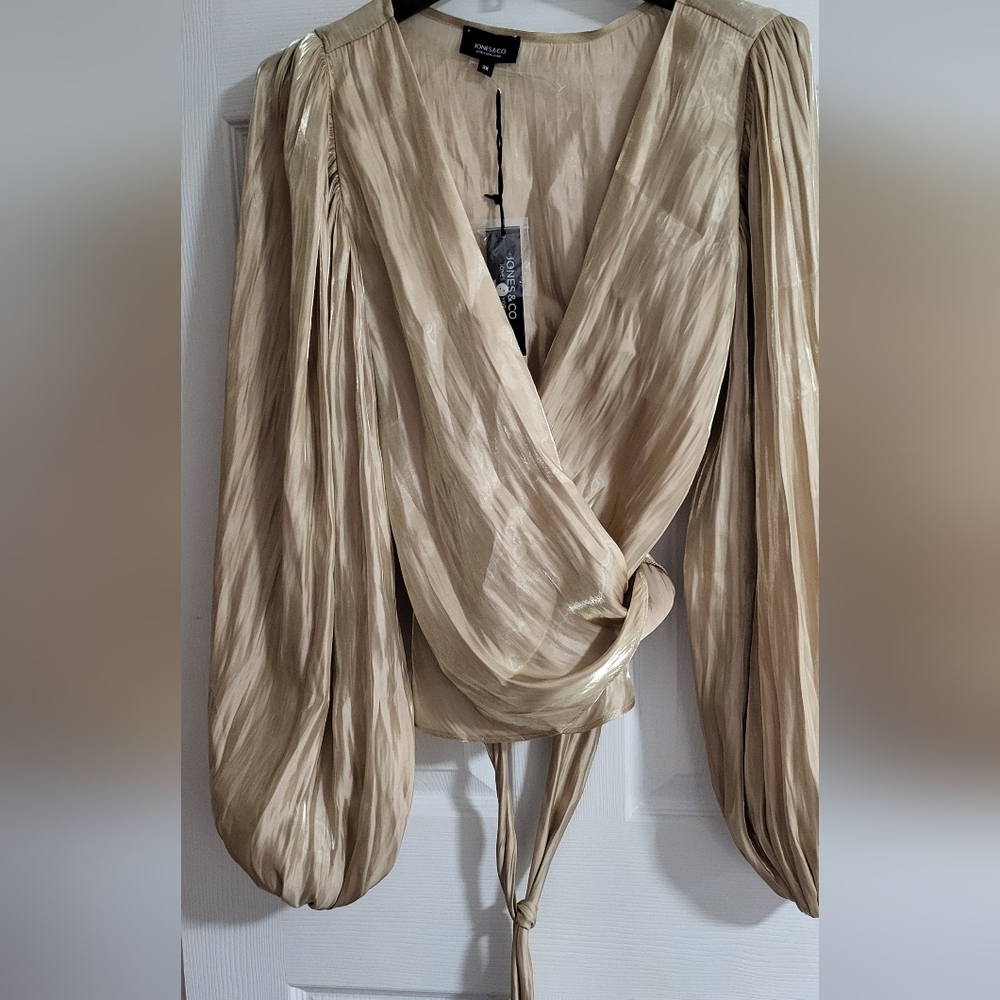 JONES NY Metallic Gold Wrap Blouse